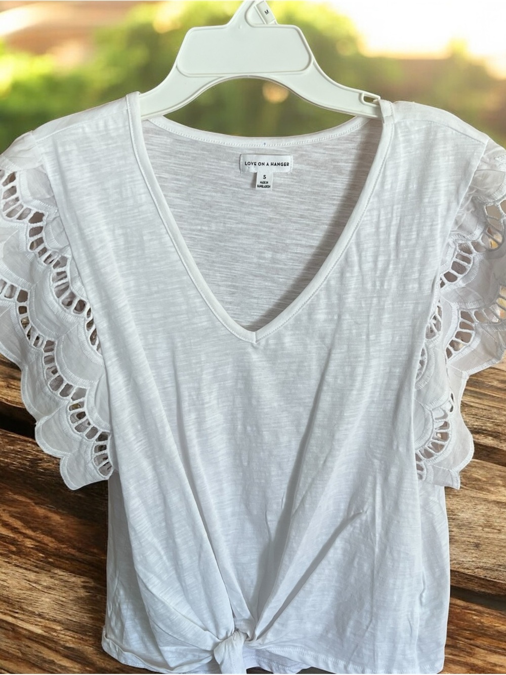 Love On A Hanger S White V-Neck Knot Front Top with Eyelet Flutter Sleeves